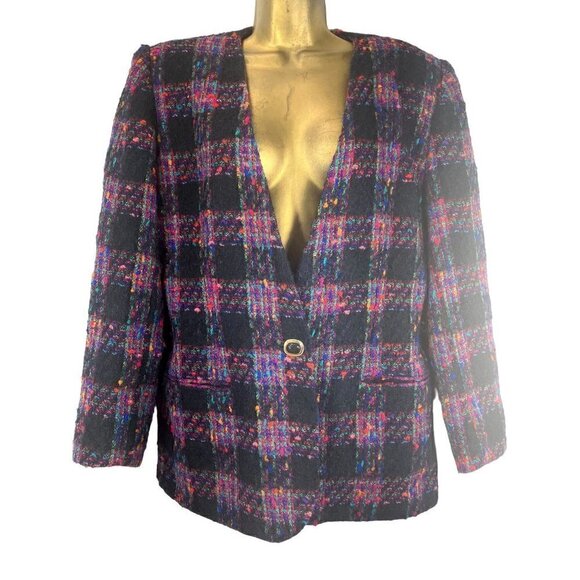 Vintage Psychedelic Boucle Plaid Oversize Blazer Jacket 10 Wool Mohair Dopamine - Picture 1 of 5